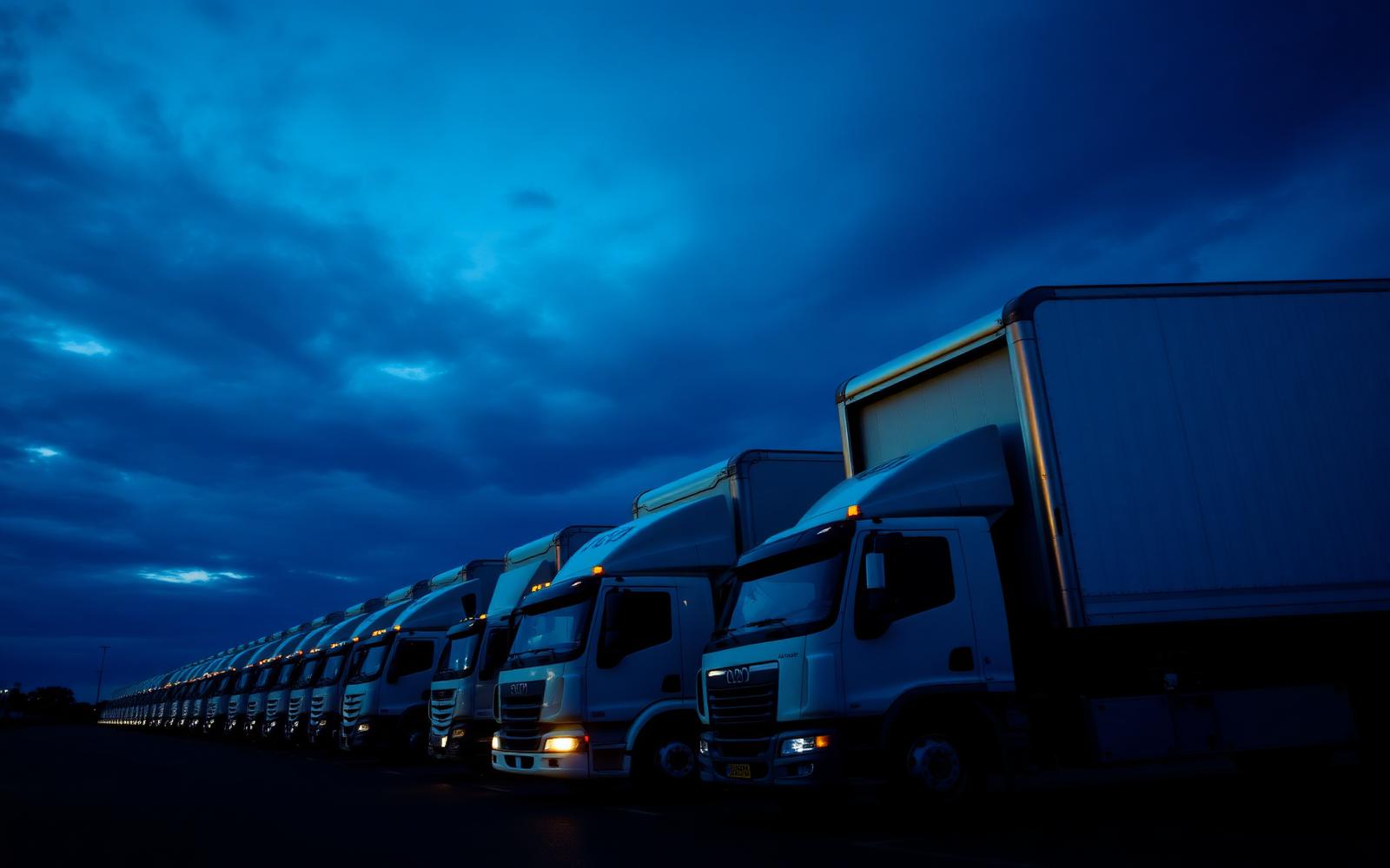 Fleet of moving trucks at dawn